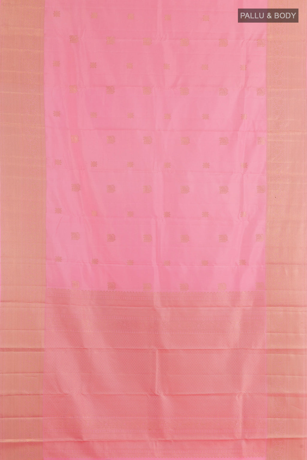 Flat view of Pure Silk Peach Kanjivaram Saree with Zari Butta on the body and Zari Border. 
