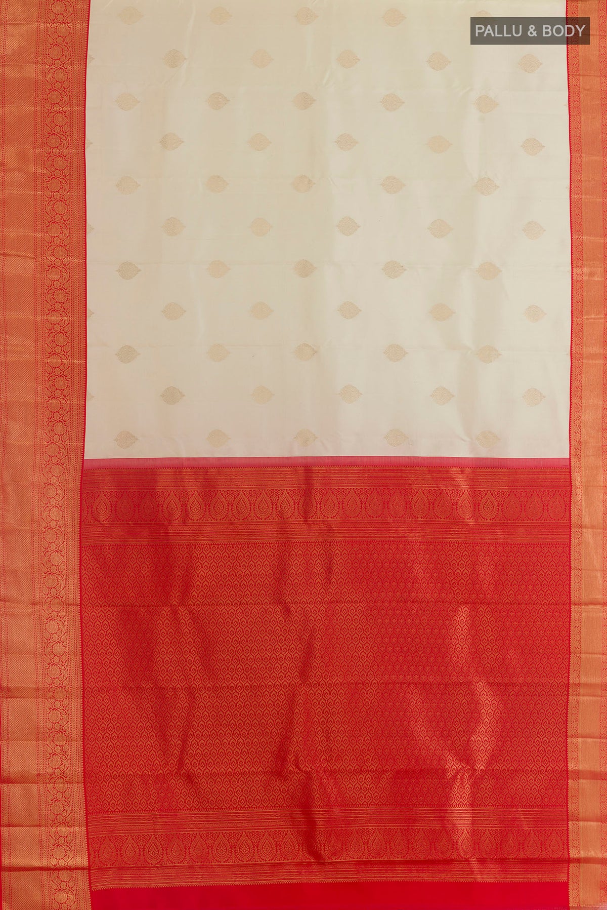 Flat view of Pure Silk Off White Kanchipuram Saree with Zari Butta on the body and Zari Border. 