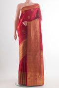 Pure Silk Red Kanchipuram Saree with Zari Butta on the body and Zari Border.  displayed on a mannequin