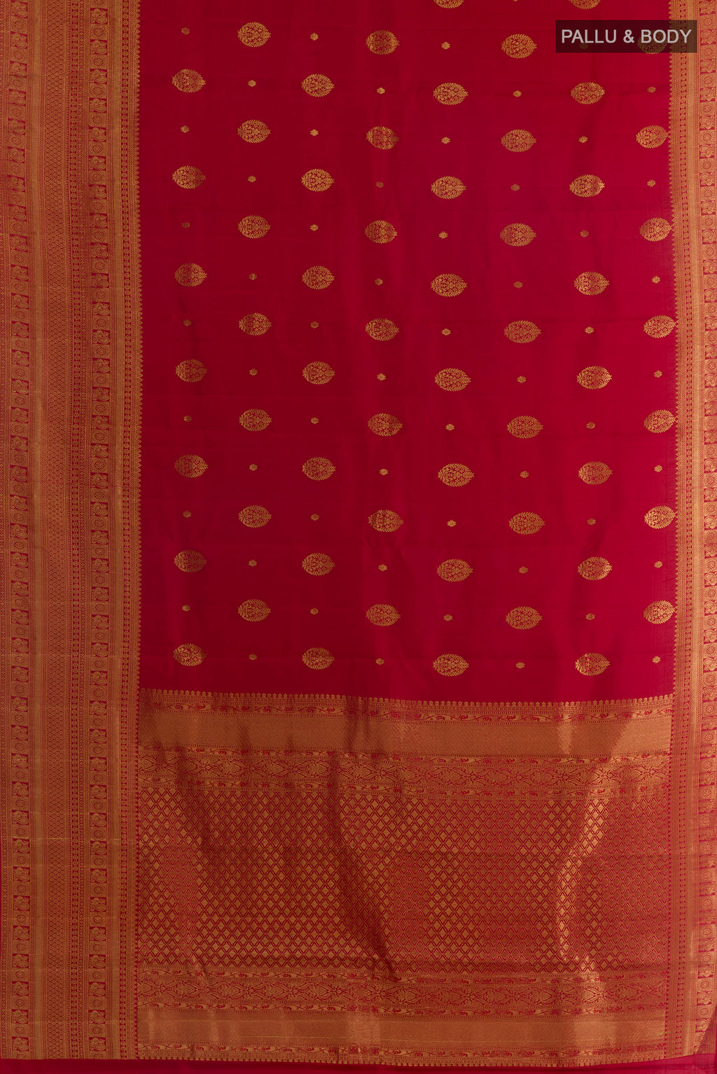 Flat view of Pure Silk Red Kanchipuram Saree with Zari Butta on the body and Zari Border. 