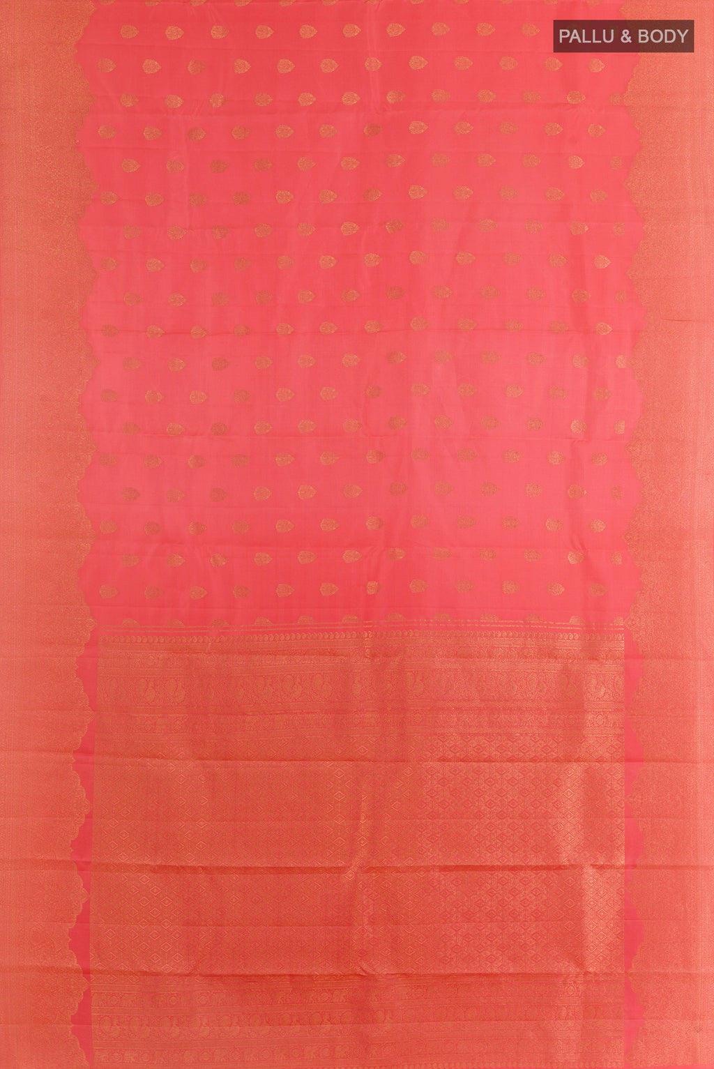 Flat view of Pure Silk Pink Kanchipuram Saree with Zari Butta on the body and Zari Border. 