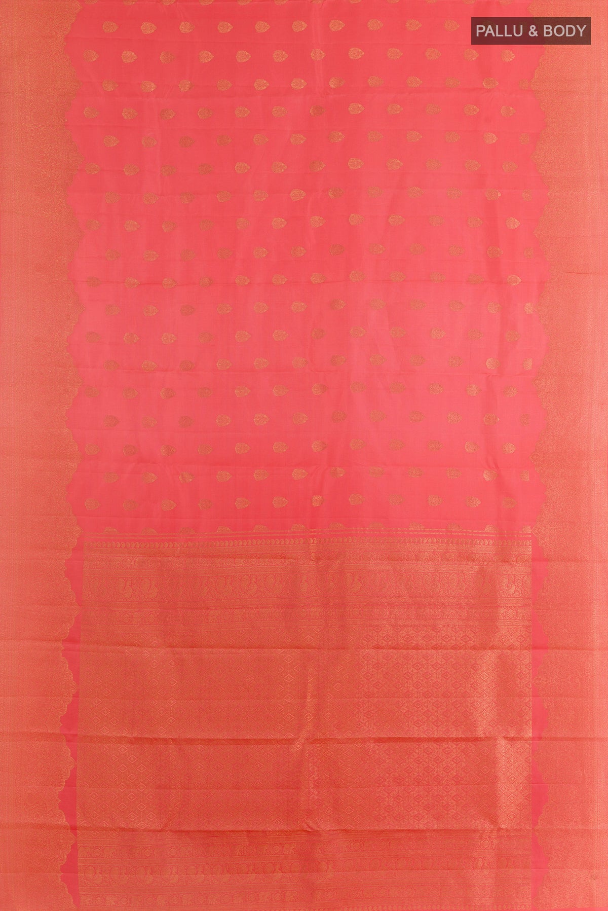 Flat view of Pure Silk Pink Kanchipuram Saree with Zari Butta on the body and Zari Border. 