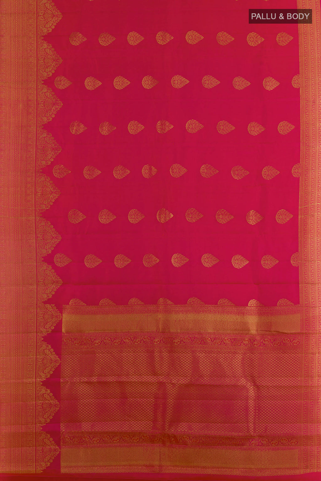 Flat view of Pure Silk Pink Kanchipuram Saree with Zari Butta on the body and Zari Border. 
