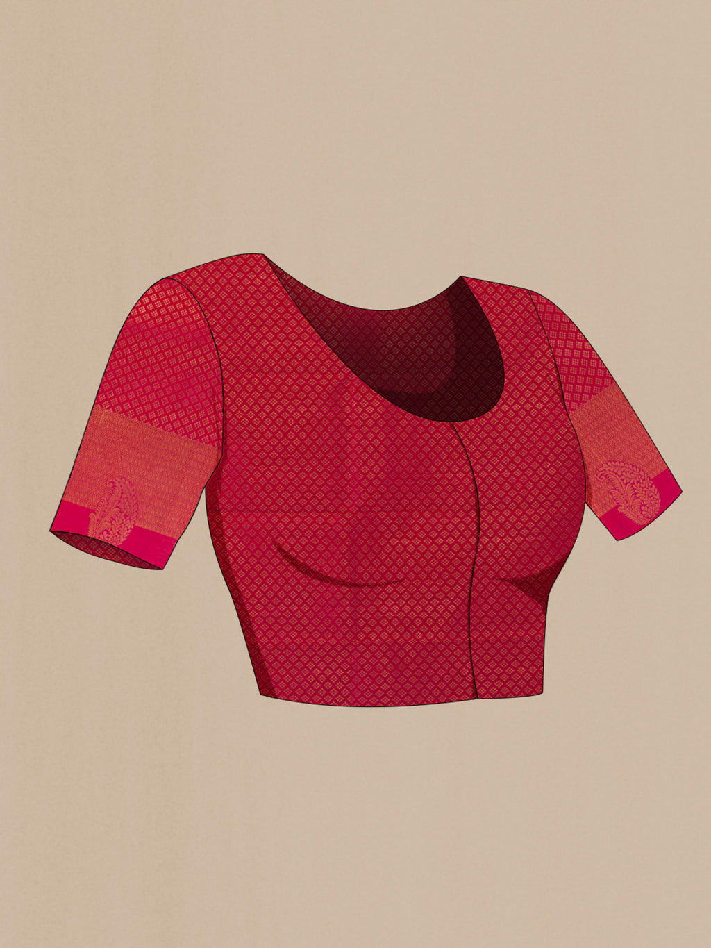 Close up image of the blouse of Pure Silk Pink Kanchipuram Saree with Zari Butta on the body and Zari Border. 