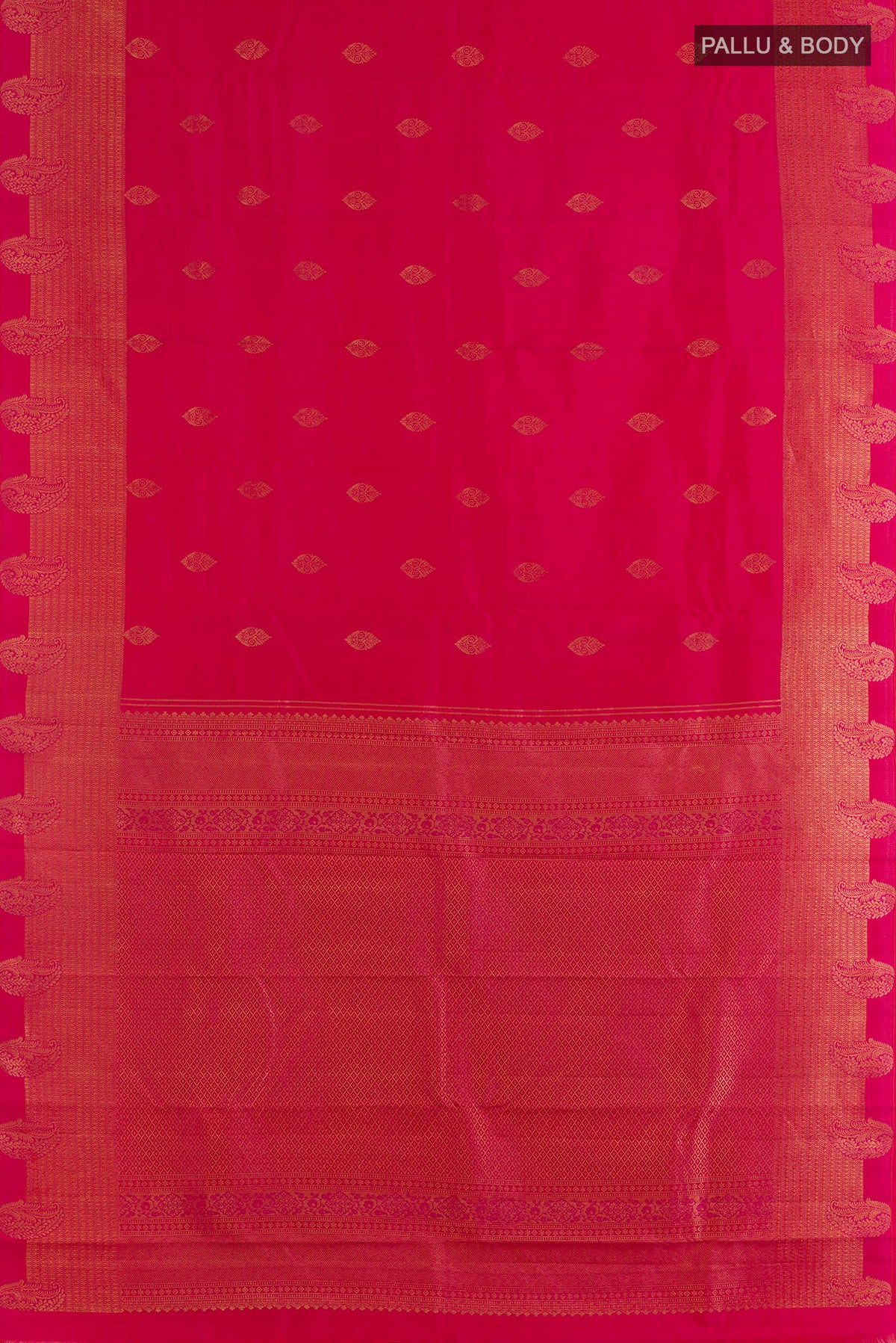 Flat view of Pure Silk Pink Kanchipuram Saree with Zari Butta on the body and Zari Border. 