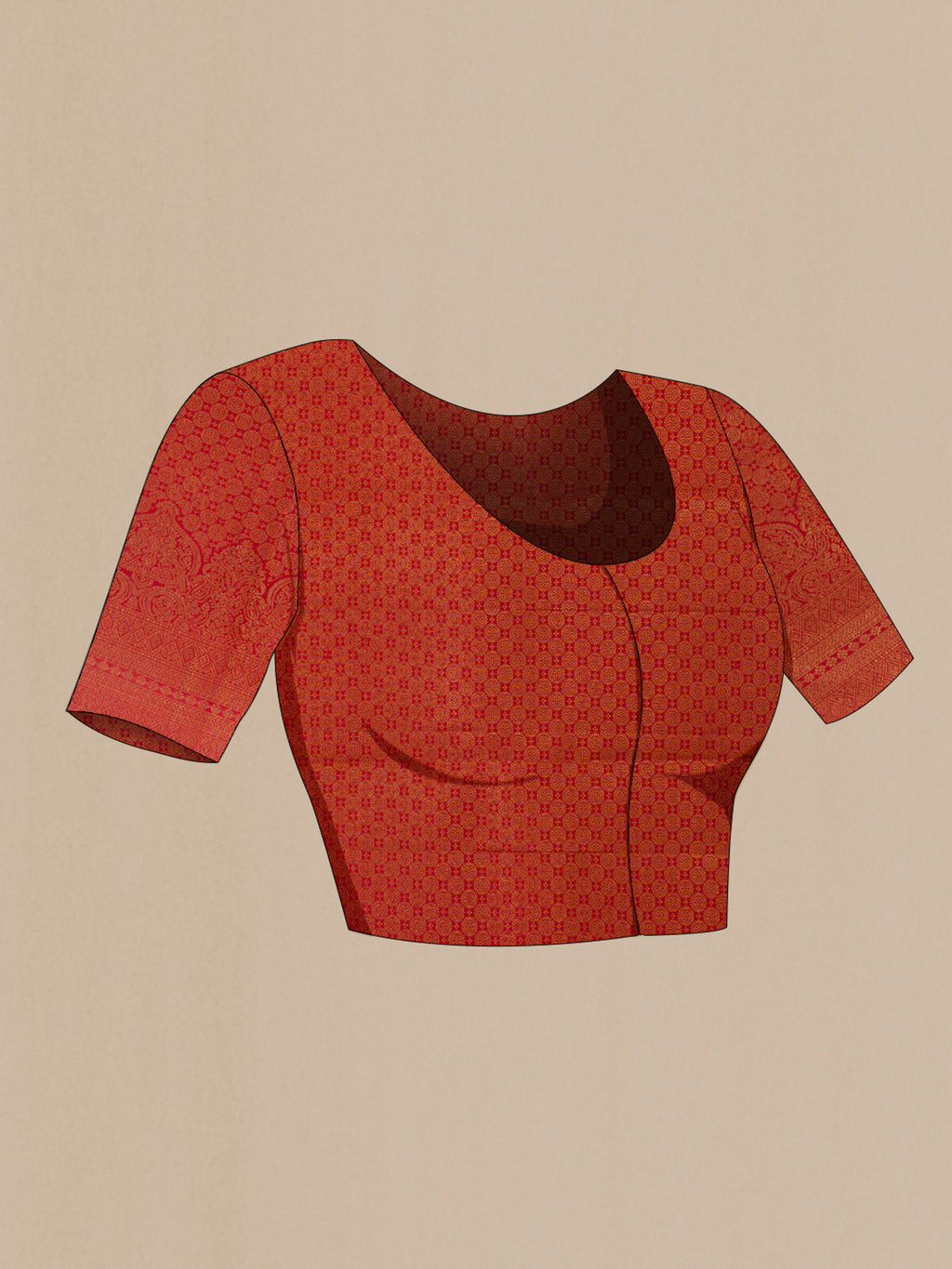 Close up image of the blouse of Pure Silk Red Kanchipuram Saree with Zari Brocade on the body and Zari Border. 