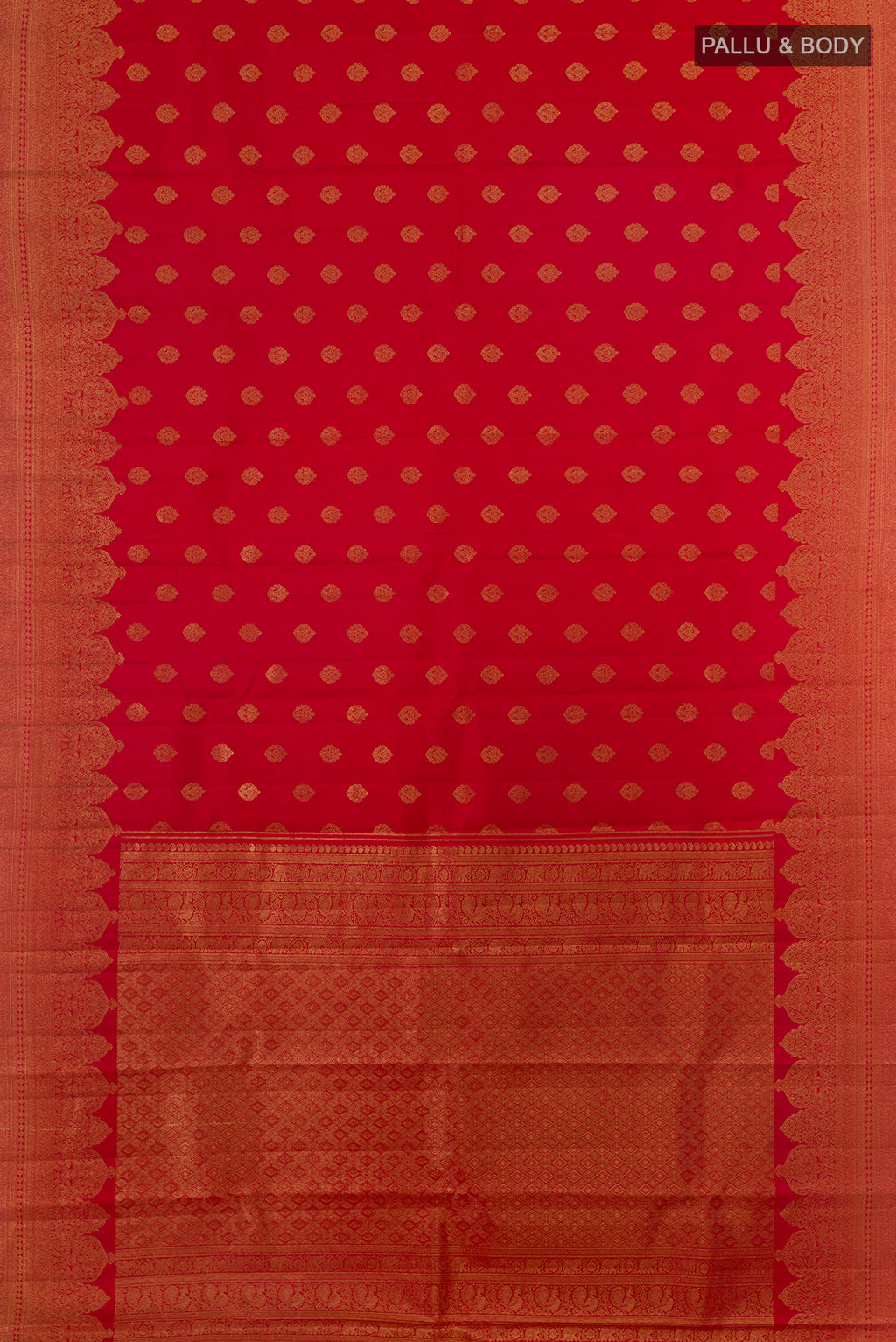 Flat view of Pure Silk Red Kanchipuram Saree with Zari Brocade on the body and Zari Border. 
