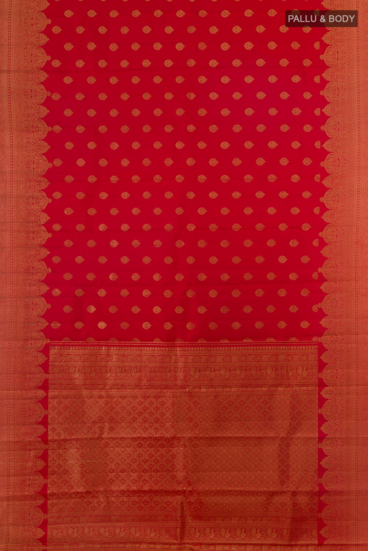 Flat view of Pure Silk Red Kanchipuram Saree with Zari Brocade on the body and Zari Border. 