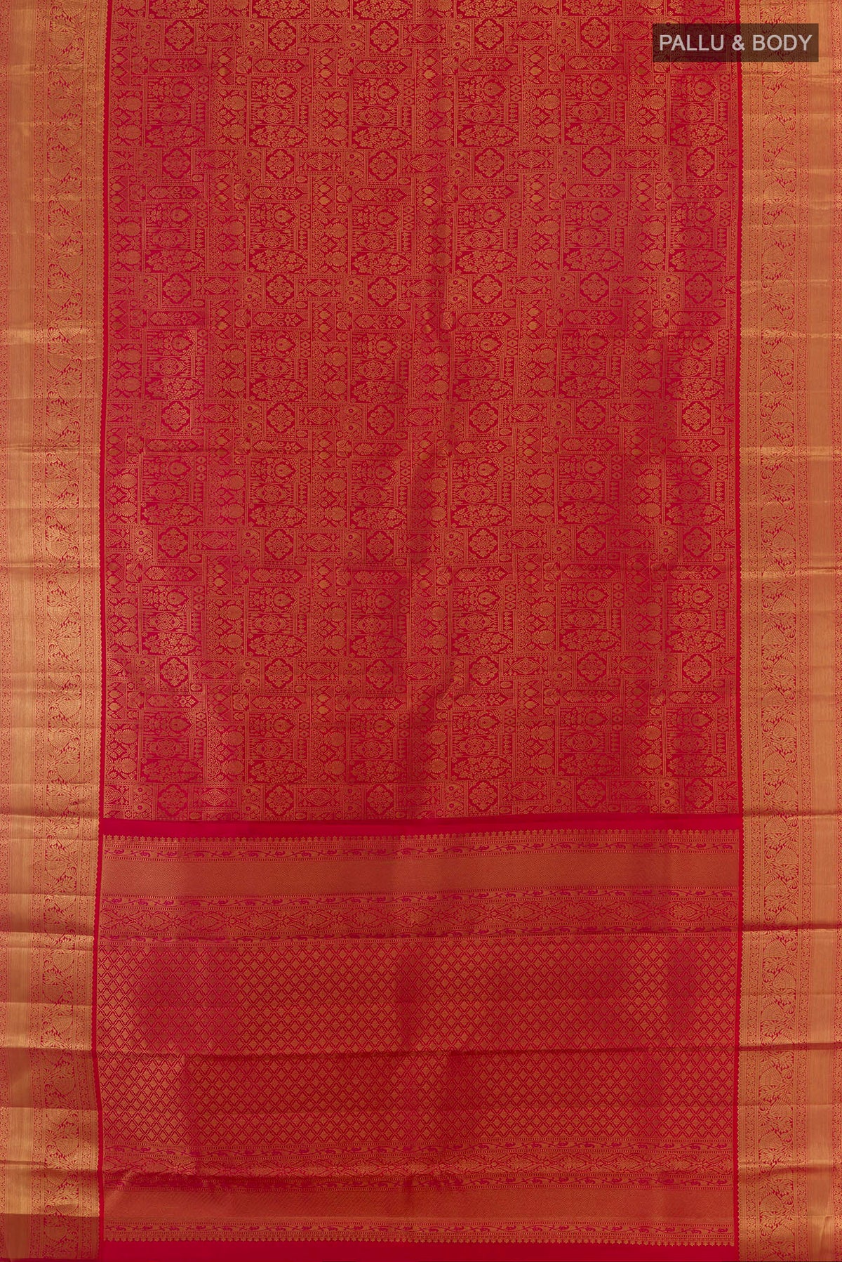 Flat view of Pure Silk Red Kanchipuram Saree with Zari Brocade on the body and Zari Border. 
