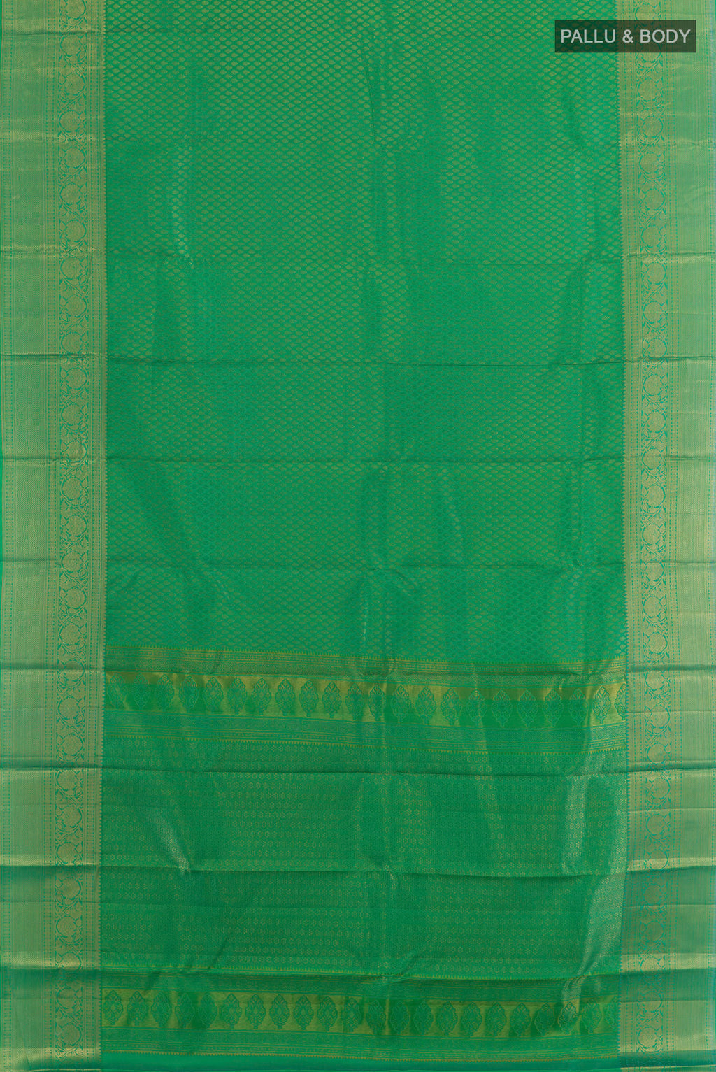 Flat view of Pure Silk Green Kanchipuram Saree with Zari Brocade on the body and Zari Border. 
