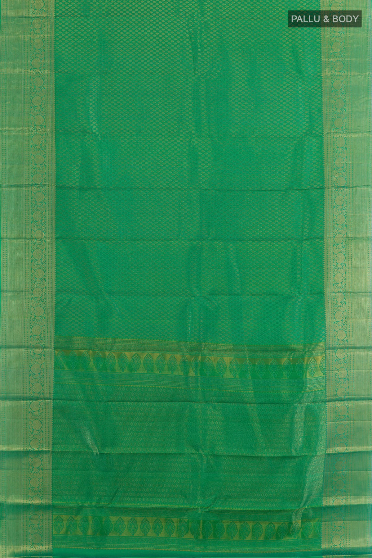 Flat view of Pure Silk Green Kanchipuram Saree with Zari Brocade on the body and Zari Border. 
