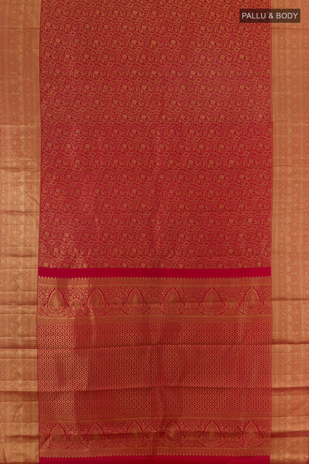 Flat view of Pure Silk Red Kanchipuram Saree with Zari Brocade on the body and Zari Border. 