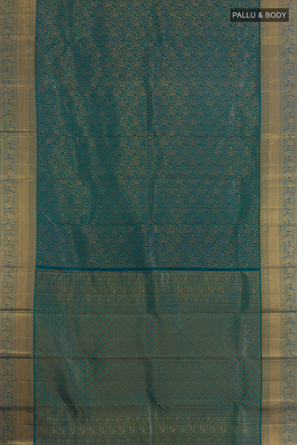 Flat view of Pure Silk Peacock Blue Dual Tone Kanchipuram Saree with Zari Brocade on the body and Zari Border. 