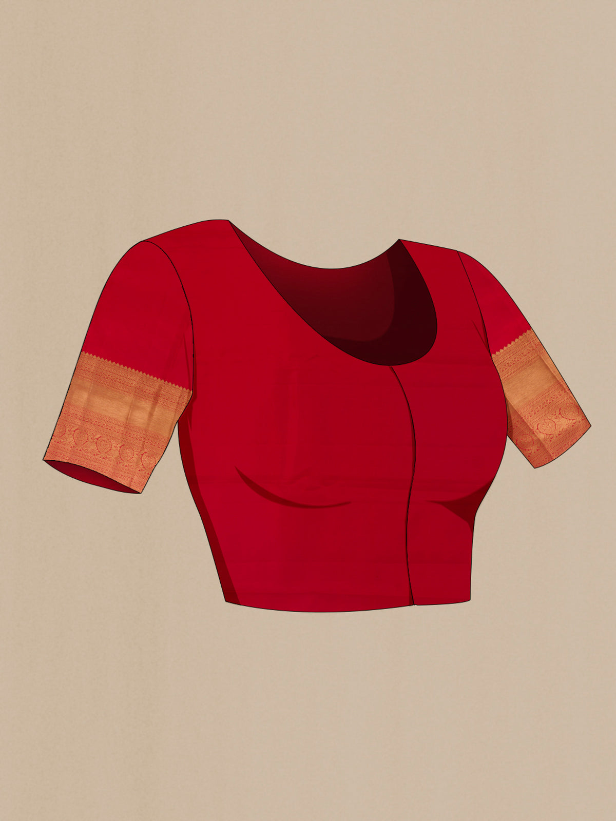 Close up image of the blouse of Pure Silk Red Kanchipuram Saree with Zari Brocade on the body and Zari Border. 