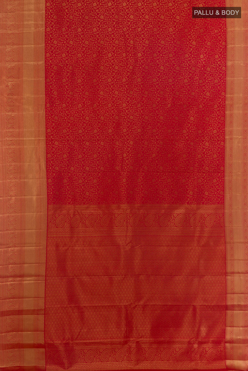 Flat view of Pure Silk Red Kanchipuram Saree with Zari Brocade on the body and Zari Border. 
