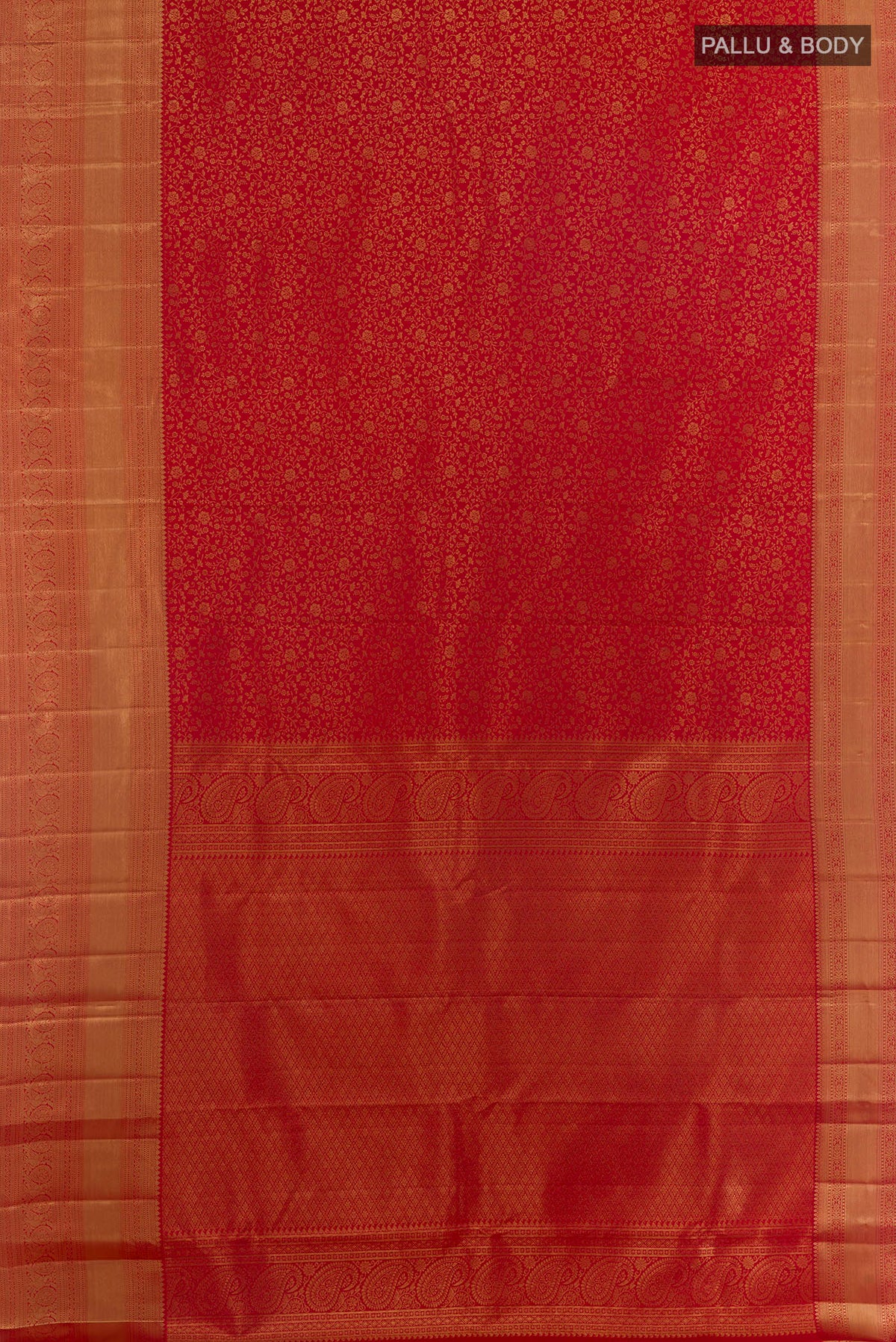 Flat view of Pure Silk Red Kanchipuram Saree with Zari Brocade on the body and Zari Border. 