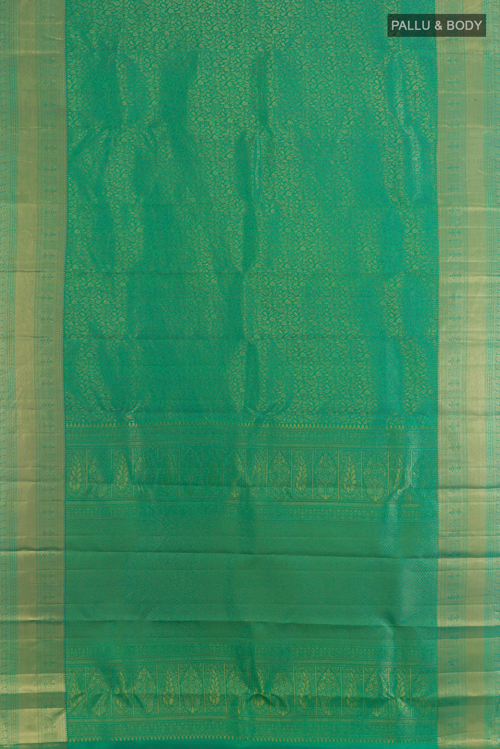 Flat view of Pure Silk Green Kanchipuram Saree with Zari Brocade on the body and Zari Border. 