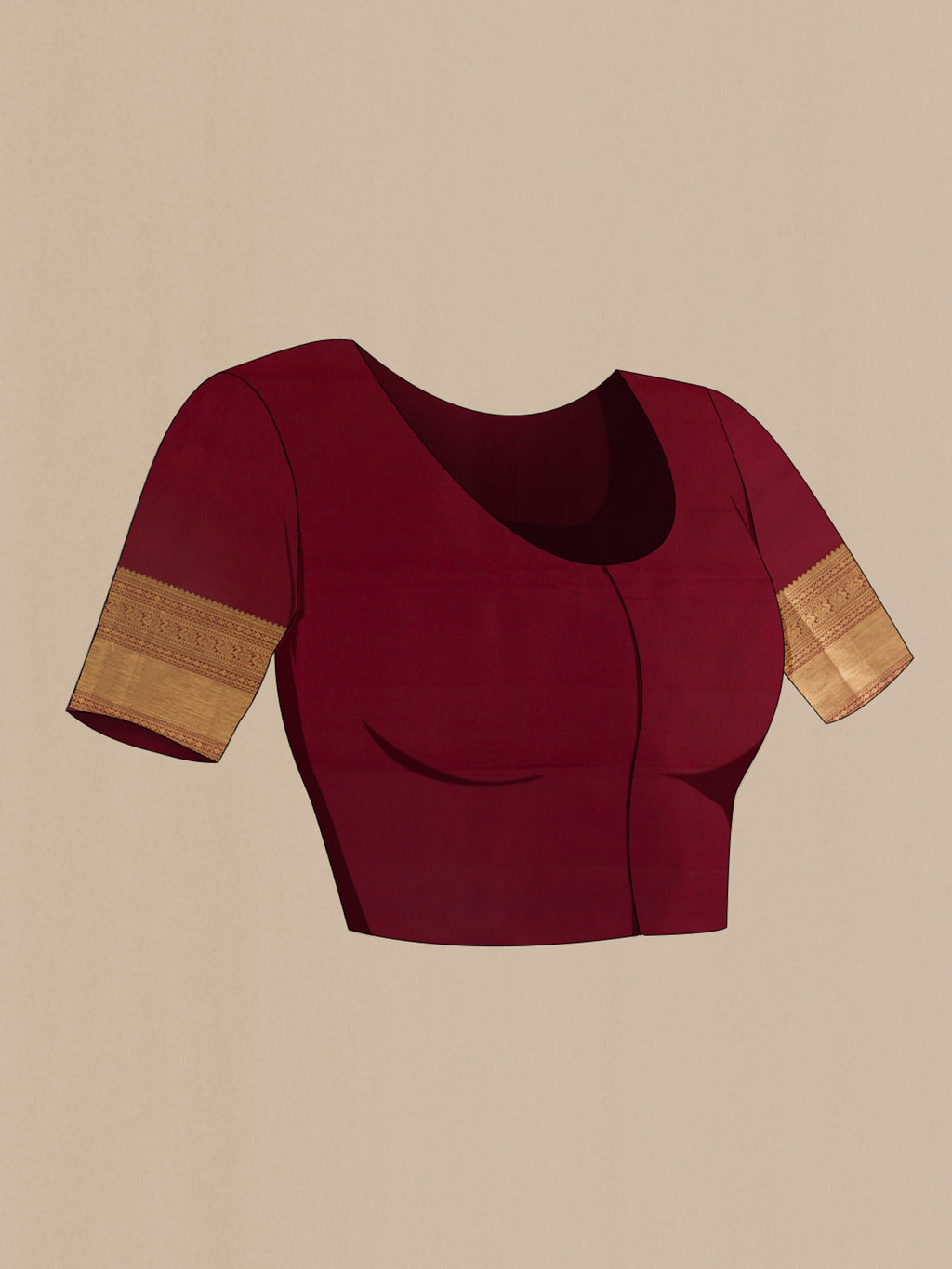 Close up image of the blouse of Pure Silk Maroon Kanchipuram Saree with Zari Brocade on the body and Zari Border. 