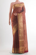 Pure Silk Maroon Kanchipuram Saree with Zari Brocade on the body and Zari Border.  displayed on a mannequin