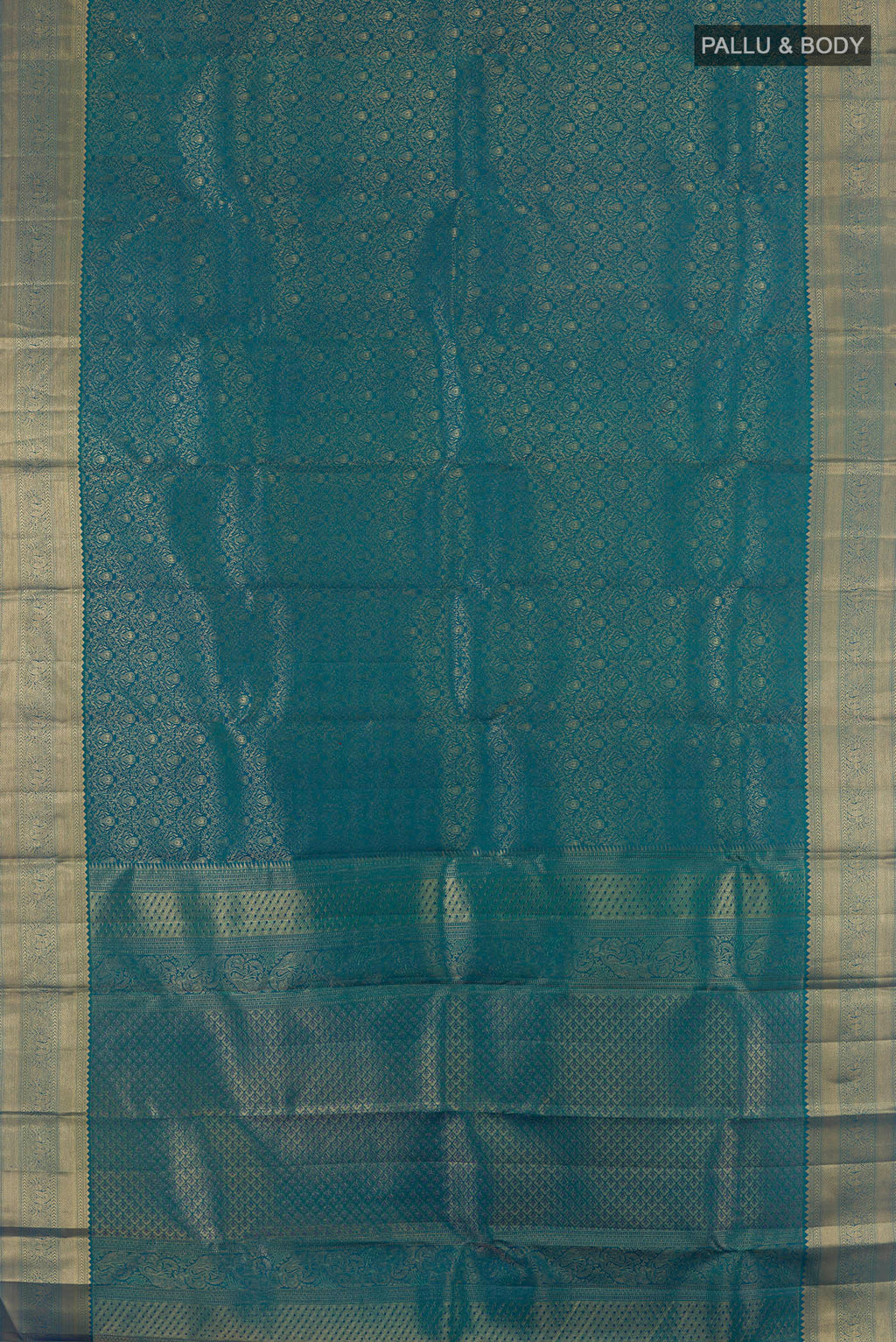 Flat view of Pure Silk Peacock Blue Kanchipuram Saree with Zari Brocade on the body and Zari Border. 