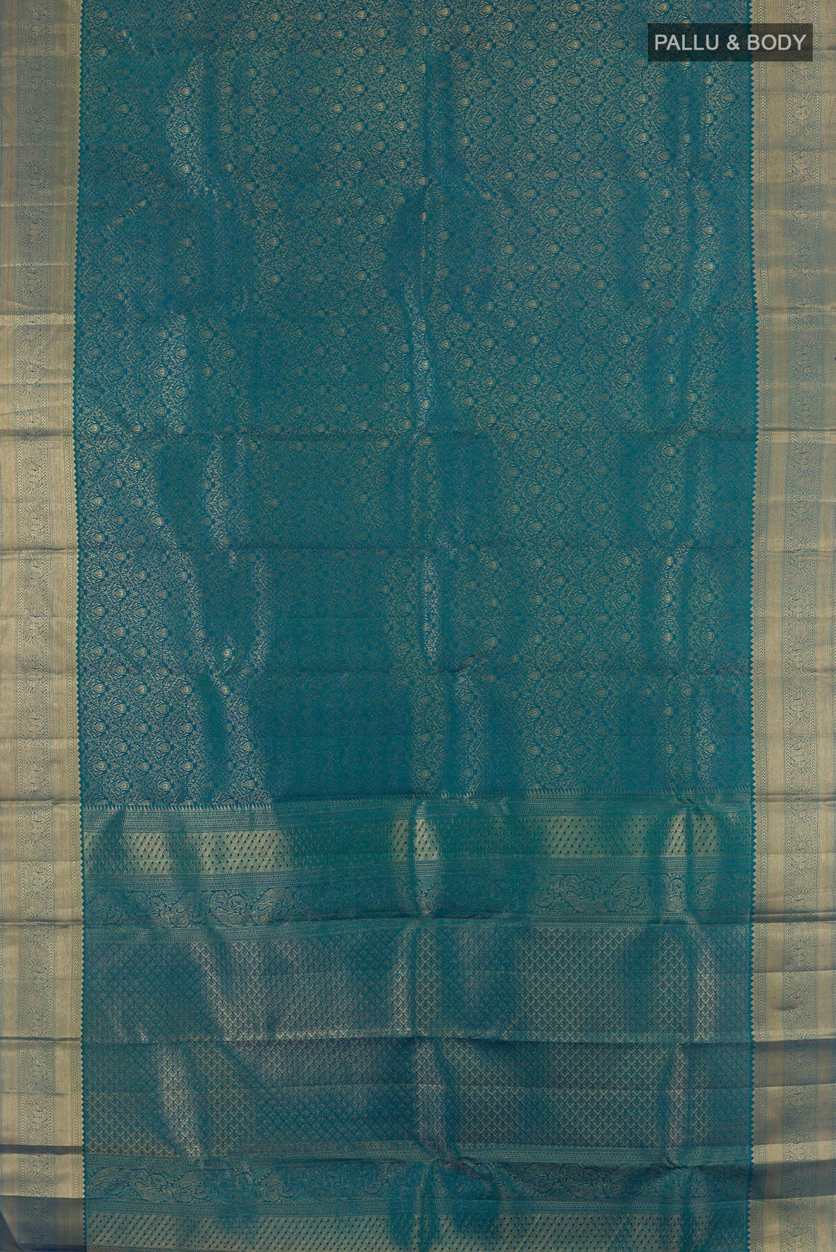 Flat view of Pure Silk Peacock Blue Kanchipuram Saree with Zari Brocade on the body and Zari Border. 