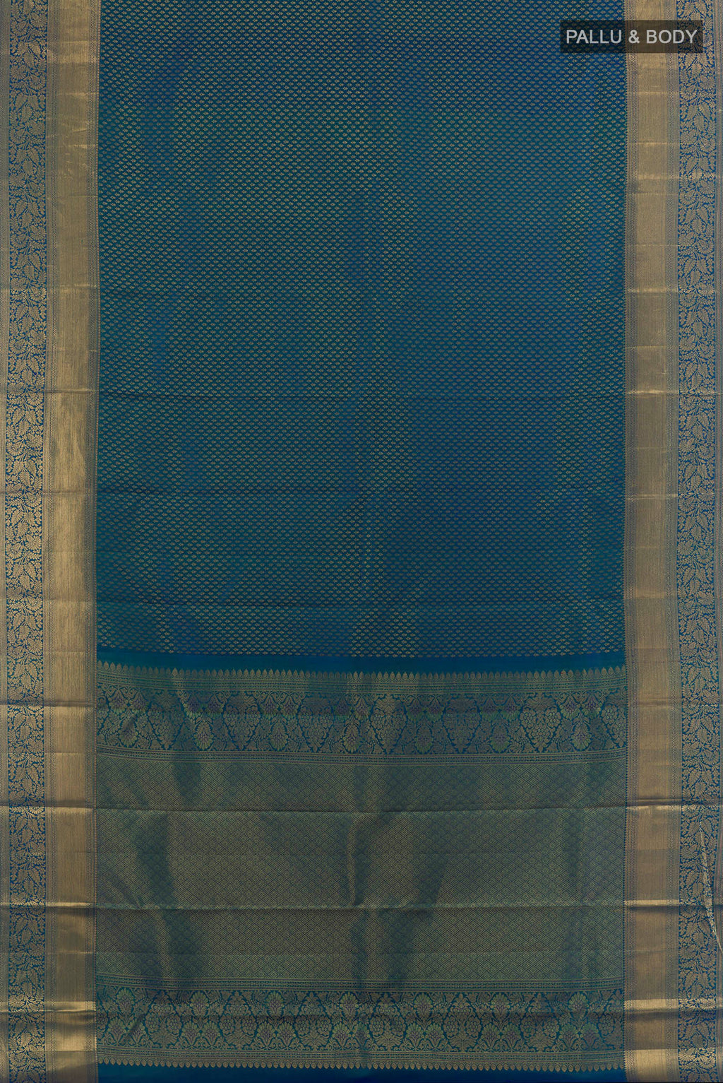 Flat view of Pure Silk Peacock Blue Kanchipuram Saree with Zari Brocade on the body and Zari Border. 