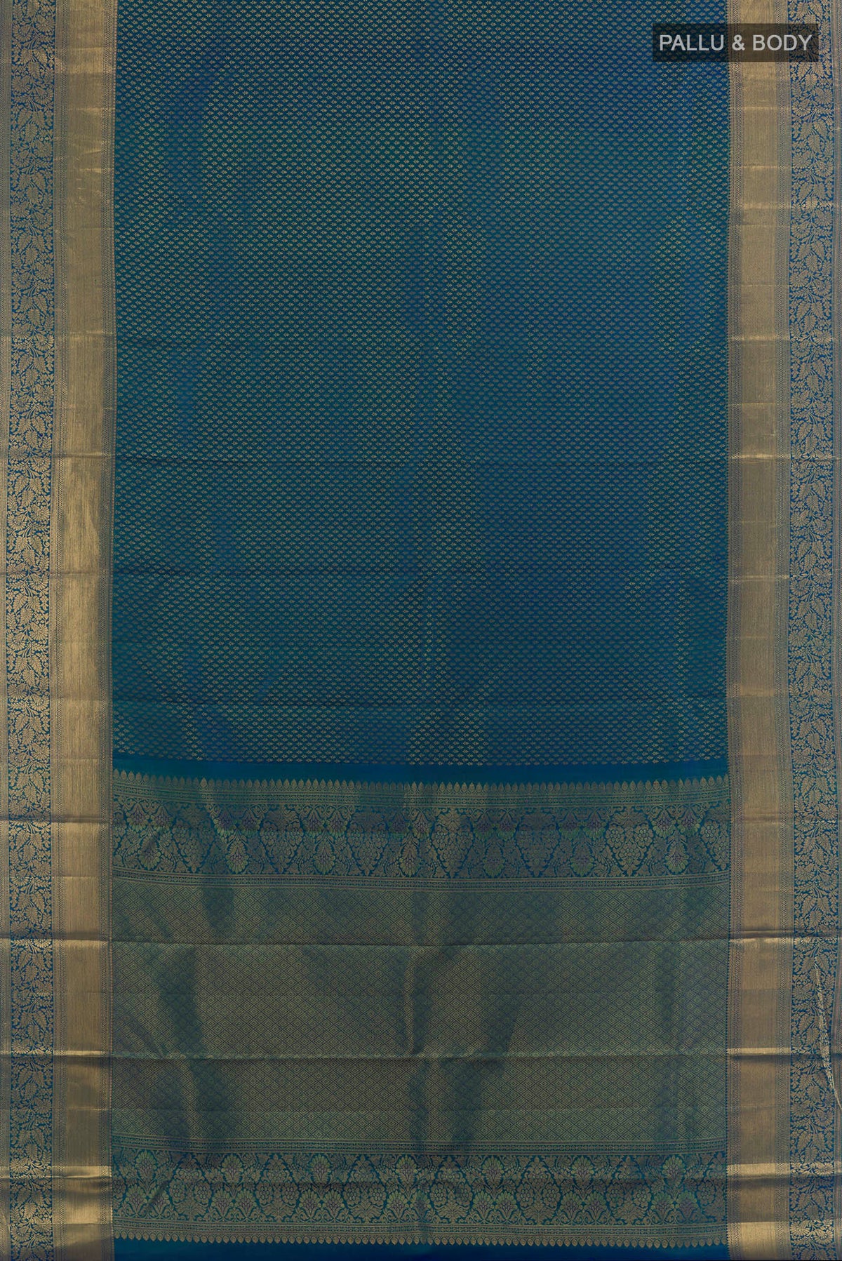 Flat view of Pure Silk Peacock Blue Kanchipuram Saree with Zari Brocade on the body and Zari Border. 