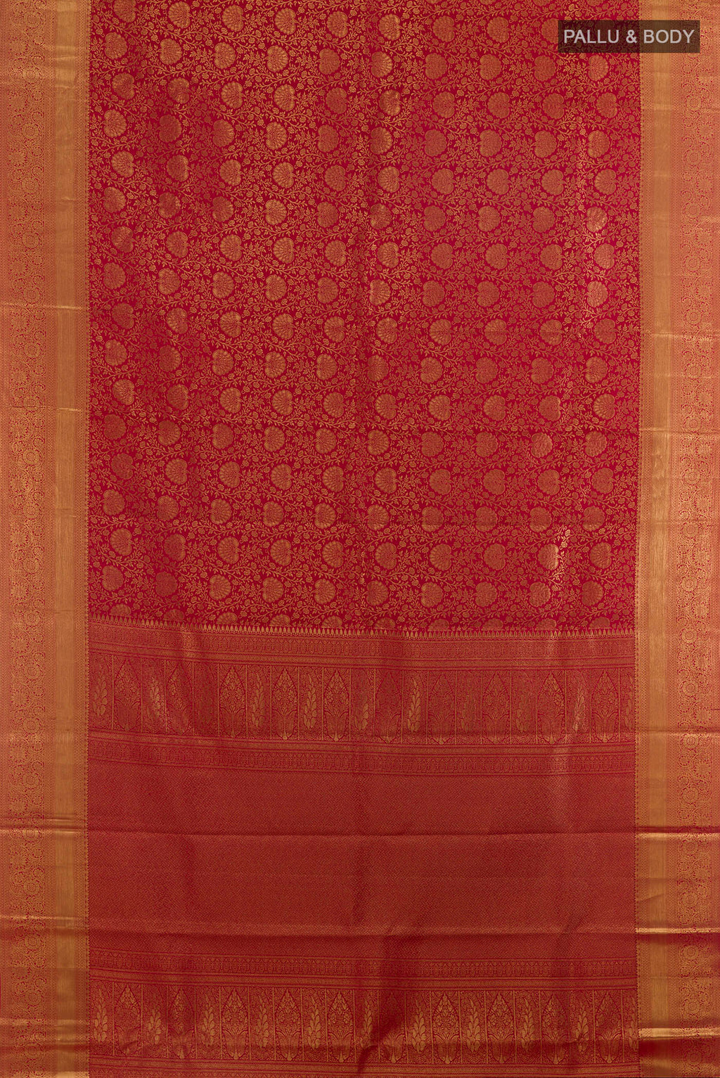Flat view of Pure Silk Red Kanchipuram Saree with Zari Brocade on the body and Zari Border. 