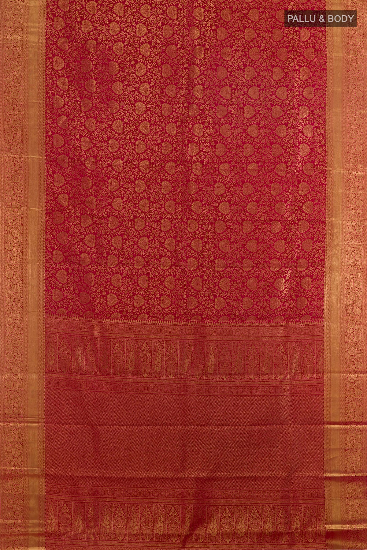 Flat view of Pure Silk Red Kanchipuram Saree with Zari Brocade on the body and Zari Border. 