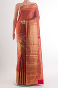 Pure Silk Red Kanchipuram Saree with Zari Brocade on the body and Zari Border.  displayed on a mannequin