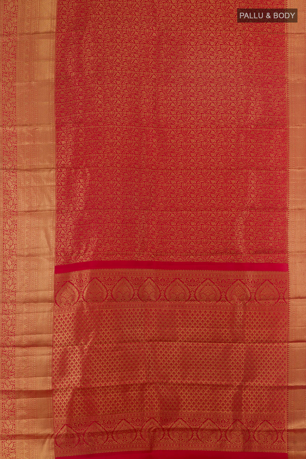 Flat view of Pure Silk Red Kanchipuram Saree with Zari Brocade on the body and Zari Border. 