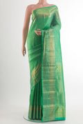 Pure Silk Green Kanchipuram Saree with Zari Brocade on the body and Zari Border.  displayed on a mannequin
