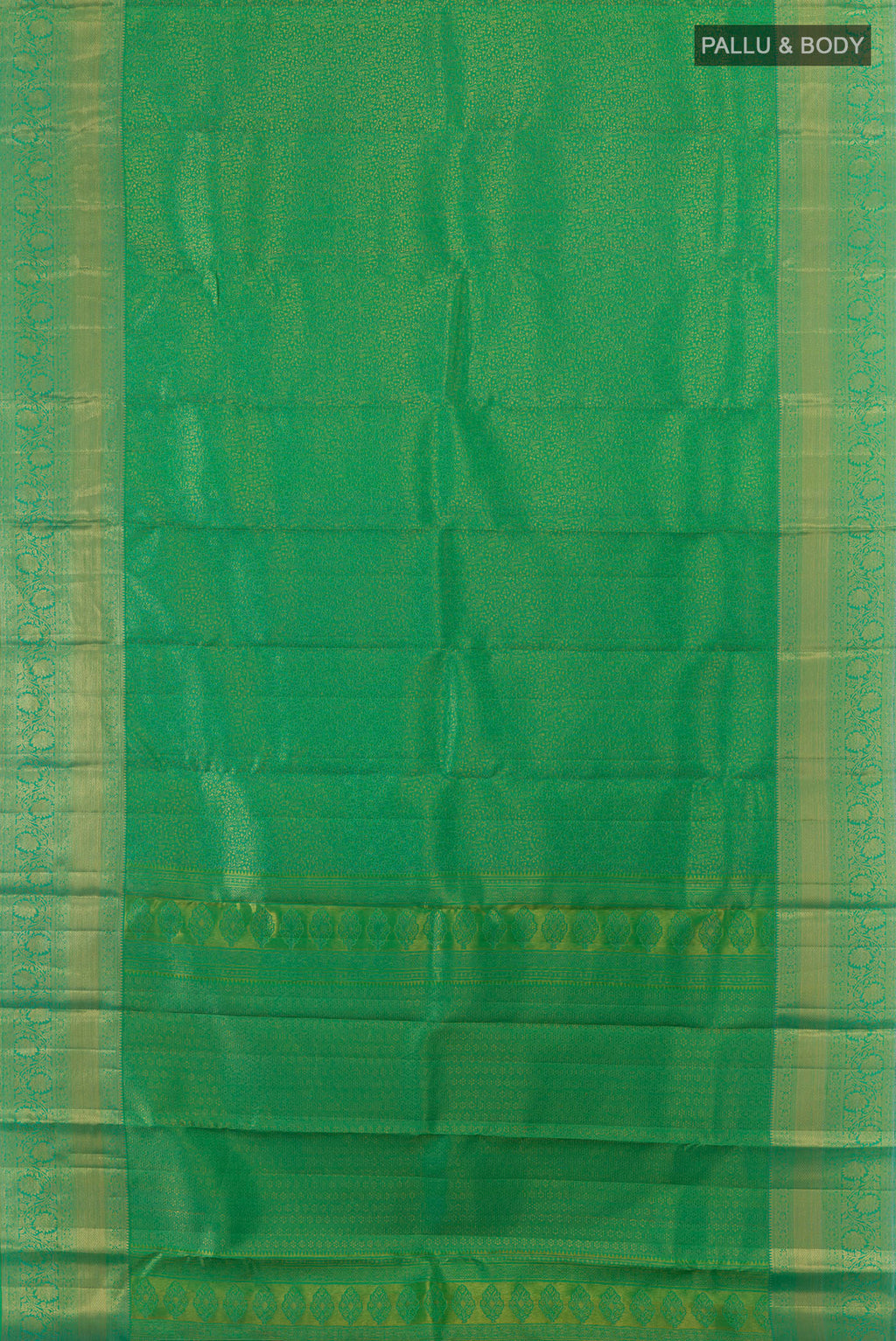 Flat view of Pure Silk Green Kanchipuram Saree with Zari Brocade on the body and Zari Border. 