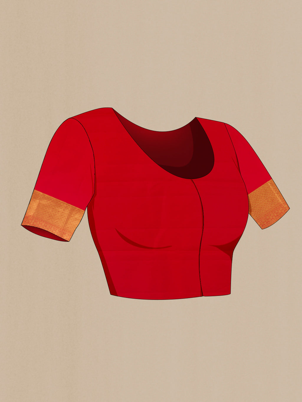 Close up image of the blouse of Pure Silk Red Kanchipuram Saree with Zari Brocade on the body and Zari Border. 