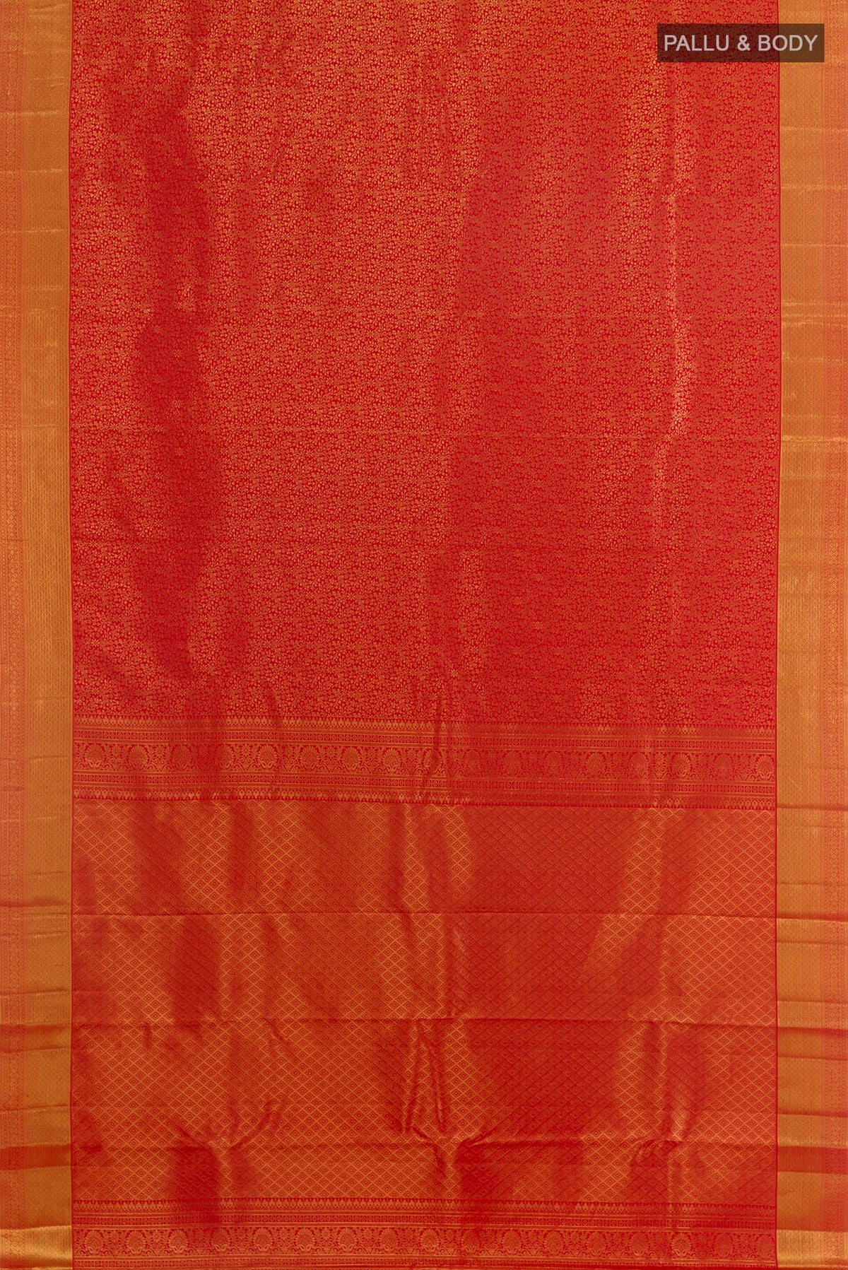 Flat view of Pure Silk Red Kanchipuram Saree with Zari Brocade on the body and Zari Border. 