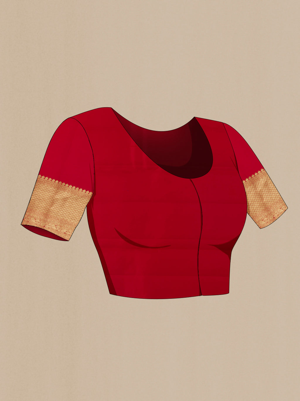 Close up image of the blouse of Pure Silk Red Kanchipuram Saree with Zari Brocade on the body and Zari Border. 