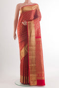 Pure Silk Red Kanchipuram Saree with Zari Brocade on the body and Zari Border.  displayed on a mannequin
