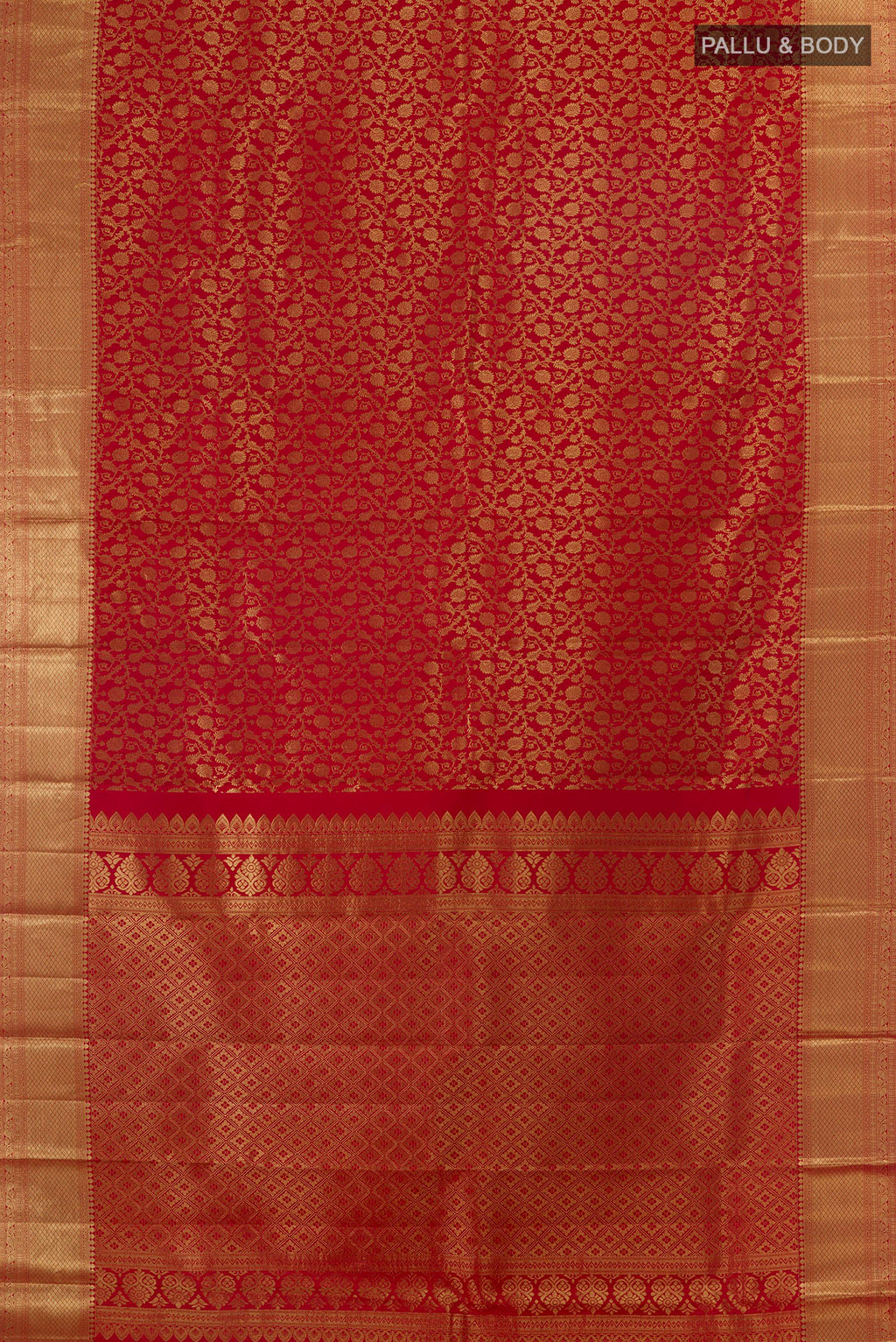 Flat view of Pure Silk Red Kanchipuram Saree with Zari Brocade on the body and Zari Border. 