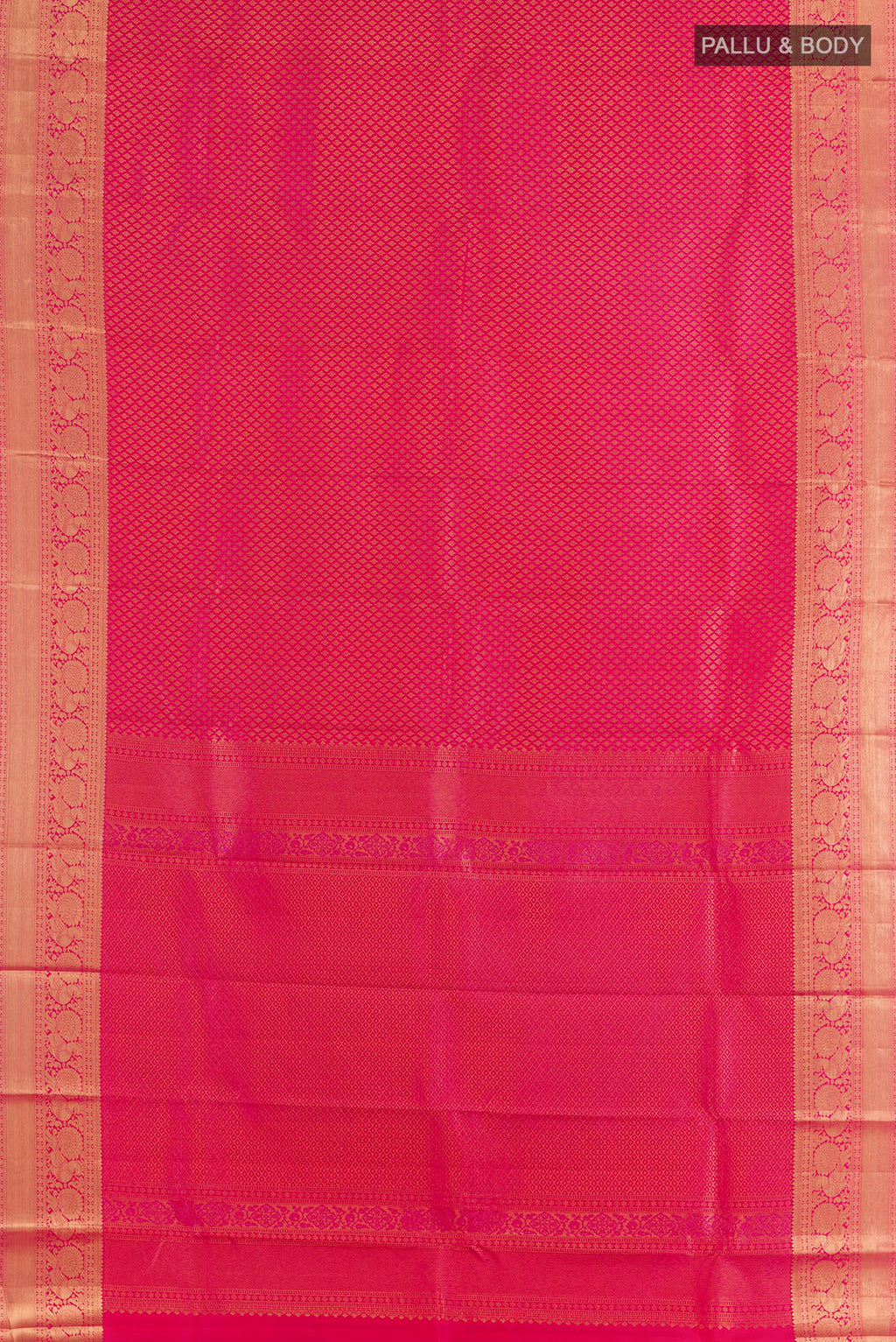 Flat view of Pure Silk Pink Kanchipuram Saree with Zari Brocade on the body and Zari Border. 