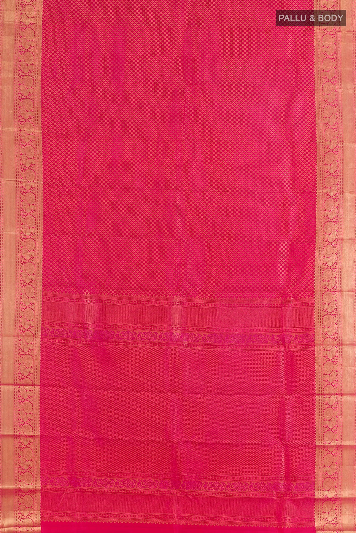 Flat view of Pure Silk Pink Kanchipuram Saree with Zari Brocade on the body and Zari Border. 