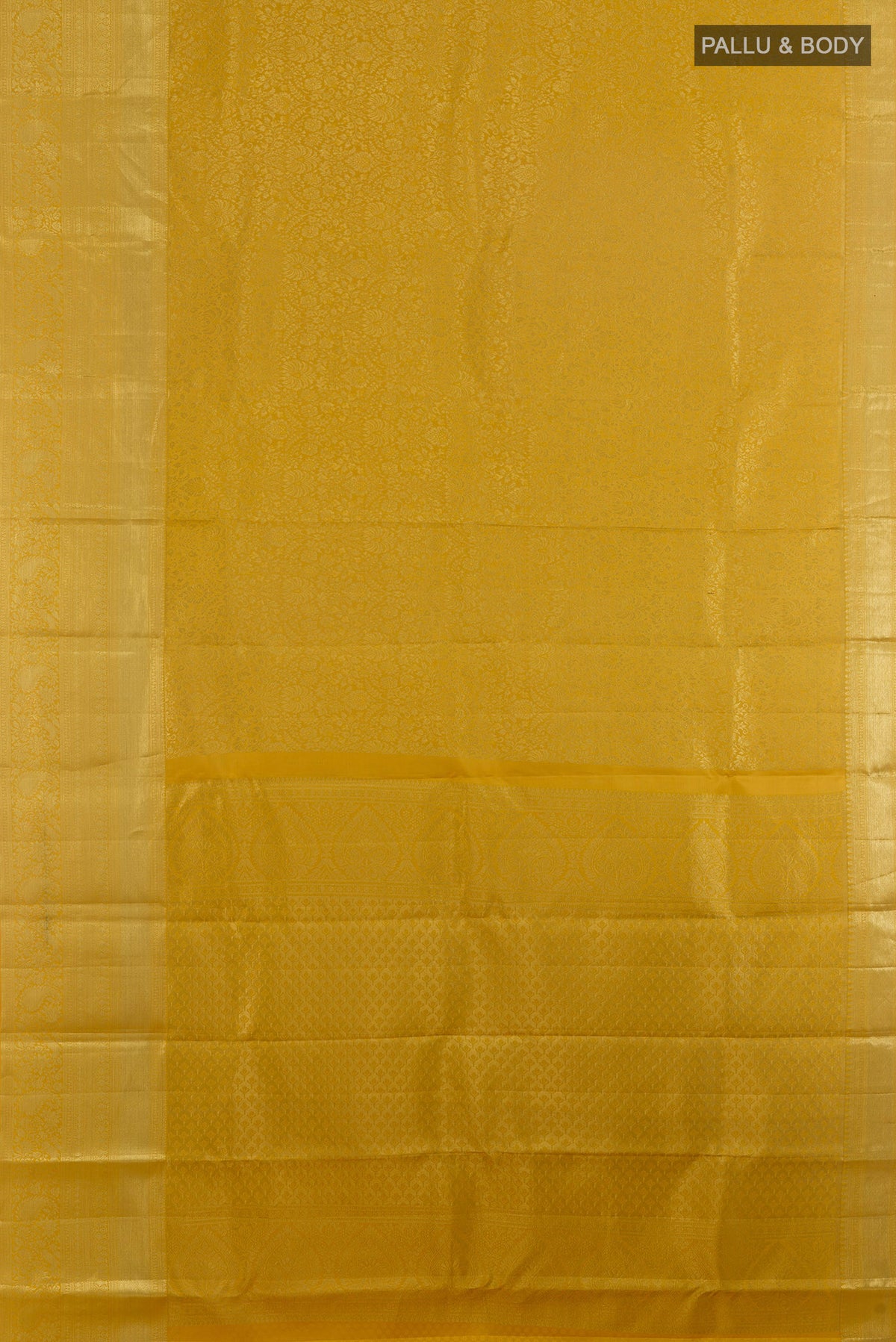 Flat view of Pure Silk Mustard Kanchipuram Saree with Zari Brocade on the body and Zari Border. 