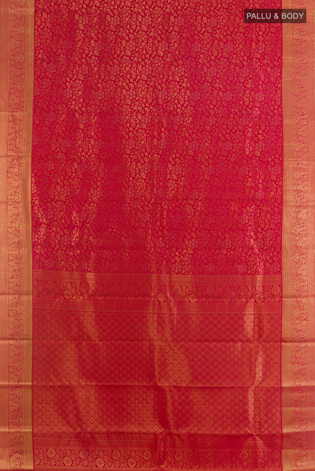 Flat view of Pure Silk Red Kanchipuram Saree with Zari Brocade on the body and Zari Border. 