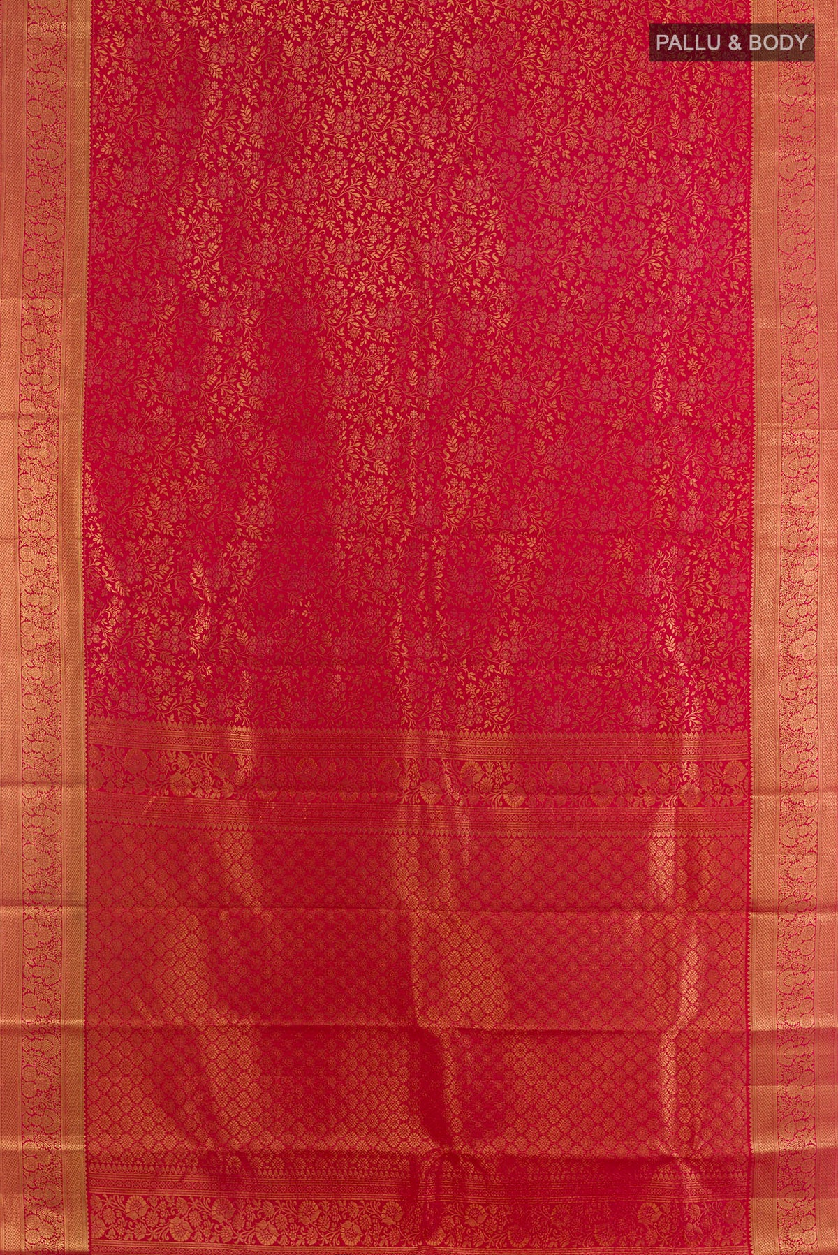 Flat view of Pure Silk Red Kanchipuram Saree with Zari Brocade on the body and Zari Border. 