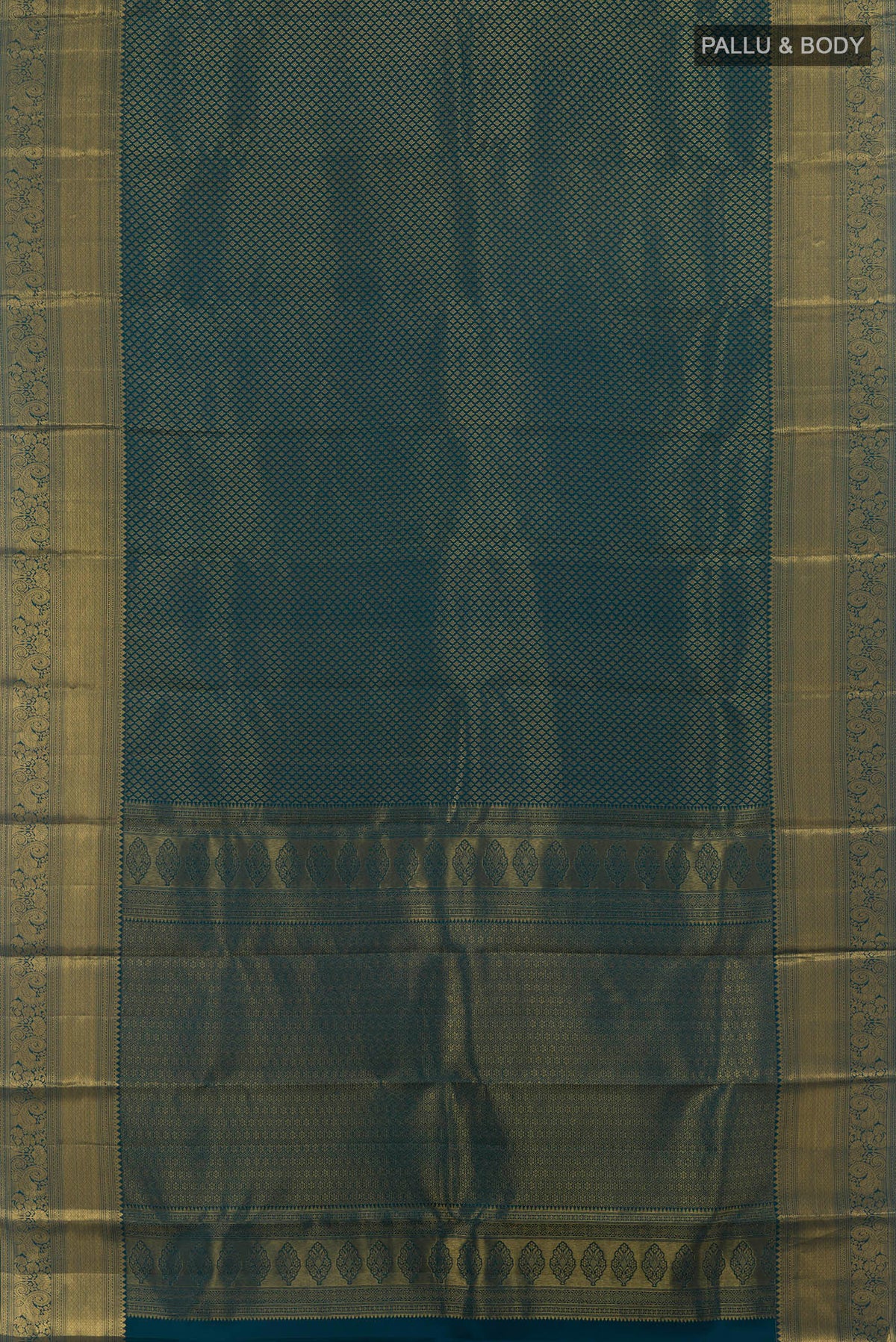 Flat view of Pure Silk Peacock Blue Kanchipuram Saree with Zari Brocade on the body and Zari Border. 