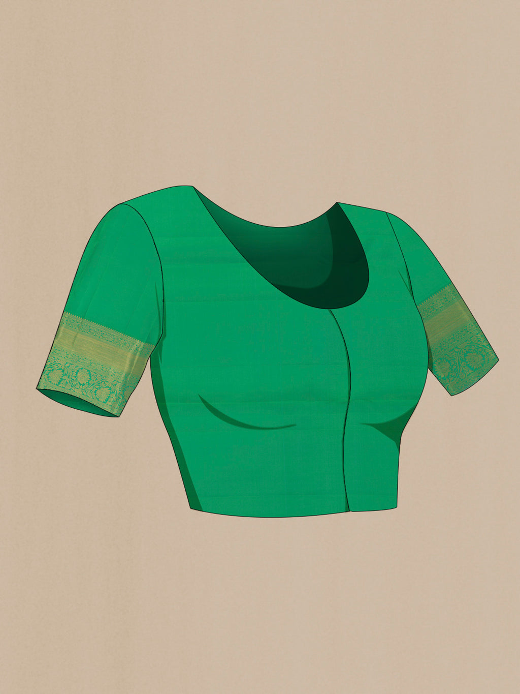 Close up image of the blouse of Pure Silk Green Kanchipuram Saree with Zari Brocade on the body and Zari Border. 
