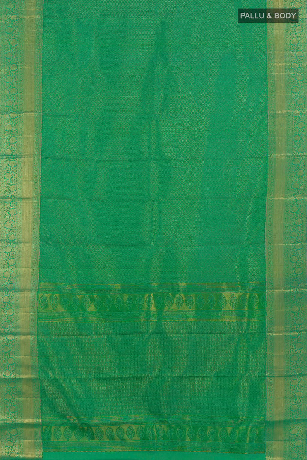 Flat view of Pure Silk Green Kanchipuram Saree with Zari Brocade on the body and Zari Border. 