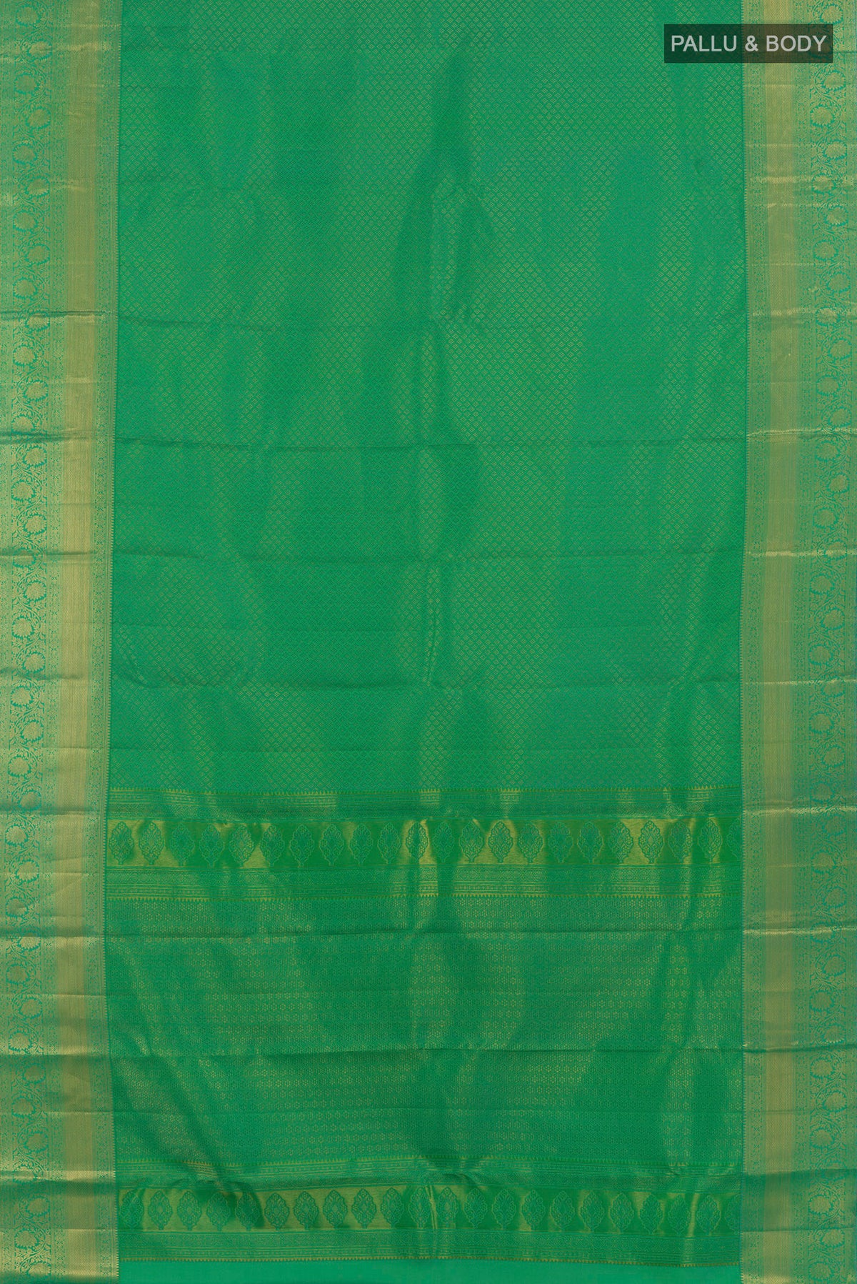 Flat view of Pure Silk Green Kanchipuram Saree with Zari Brocade on the body and Zari Border. 