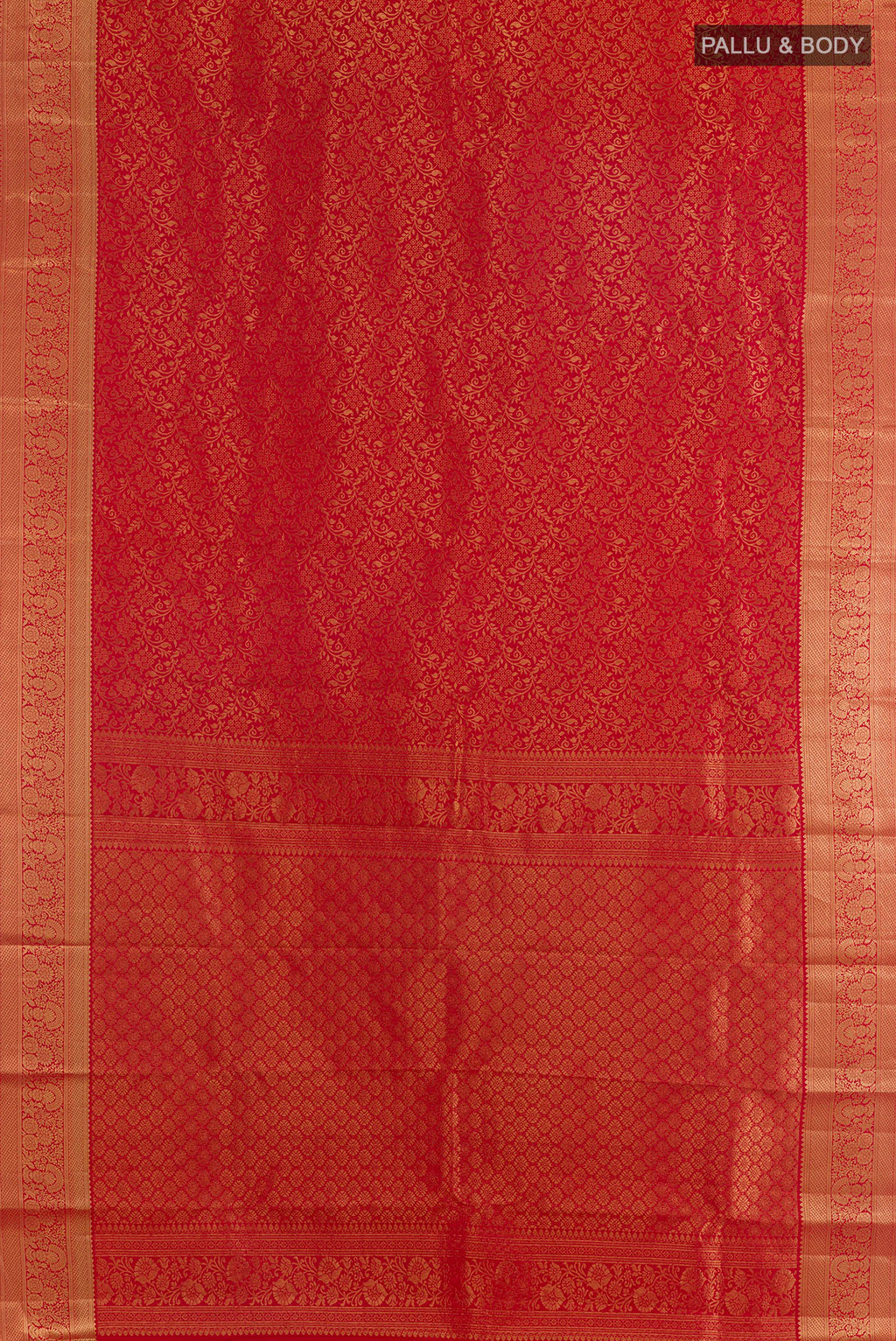Flat view of Pure Silk Red Kanchipuram Saree with Zari Butta on the body and Zari Border. 