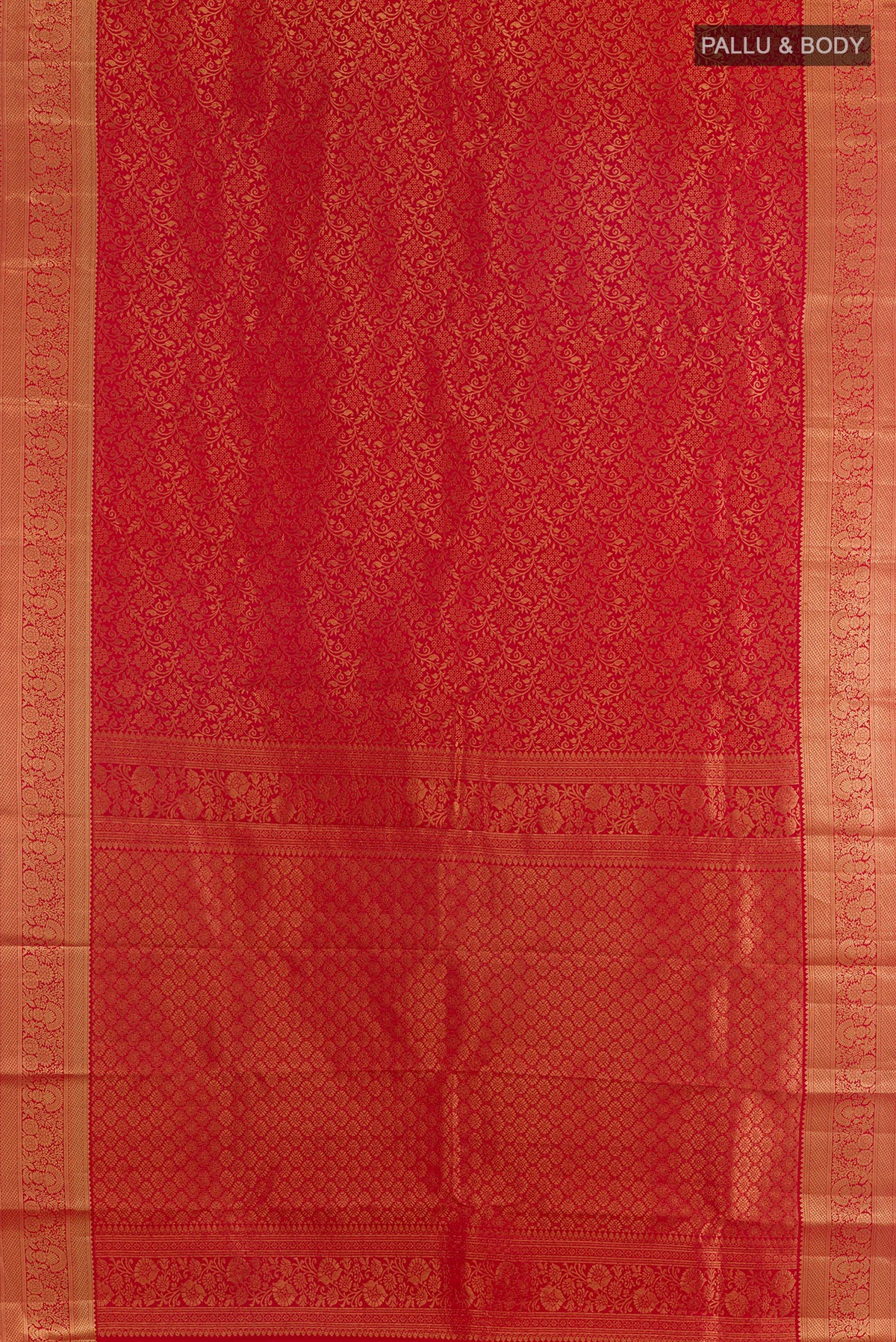 Flat view of Pure Silk Red Kanchipuram Saree with Zari Butta on the body and Zari Border. 
