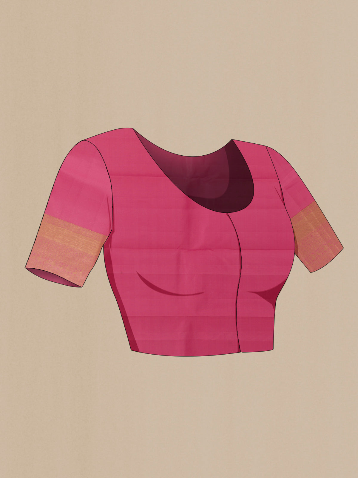 Close up image of the blouse of Pure Silk Pink Kanchipuram Saree with Zari Brocade on the body and Zari Border. 